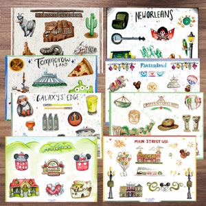 Adesivos Disneyland - Conjunto de 8 (Main Street, Adventureland, Fantasyland, Toon Town, New Orleans, Galaxy's Edge, Frontierland, Tomorrowland)