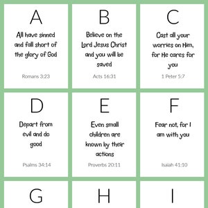 Tarjetas de versículos bíblicos para memorizar de la A a la Z del alfabeto para imprimir y recortar, descarga digital. Ayuda para preescolar, ayuda a los niños a aprender versículos bíblicos con sus letras.