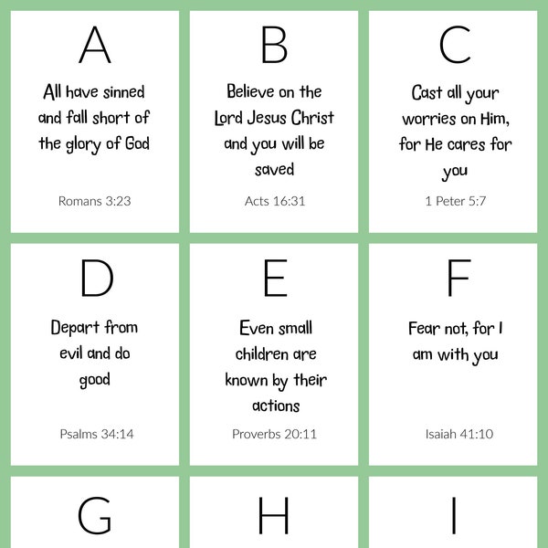 ABCs A-Z-Bibel-Memory-Vers-Karten zum Drucken und Ausschneiden, digitaler Download Vorschulhilfe, helfen Kindern beim Lernen von Bibelversen mit ihren Buchstaben.