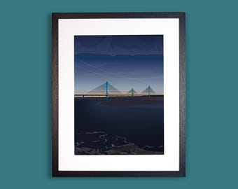 Könnte beinhalten: Ein gerahmter Kunstdruck mit einer stilisierten Illustration einer Schrägseilbrücke über einem dunklen Gewässer in der Dämmerung. Die Szene zeigt einen tiefblauen Himmel, beleuchtete Brückenpfeiler und ein ruhiges Ufer im Vordergrund.