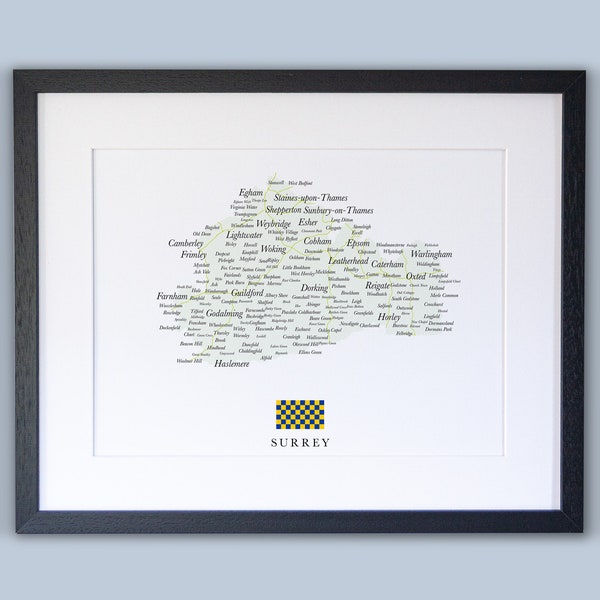 Surrey County Map // Framed Map of Surrey // Minimal Typographic County Map Print // England Maps