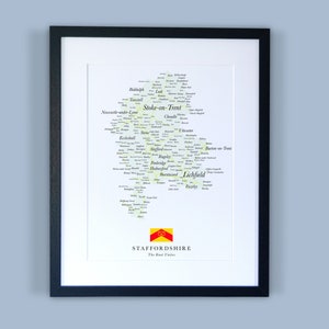 Staffordshire County kaart//ingelijste kaart van Staffordshire//minimale typografische County kaart afdrukken//Engeland kaarten