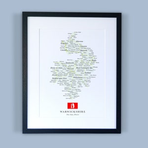 Carte du comté de Warwickshire // Carte encadrée du Warwickshire // Impression typographique minimale de carte du comté // Cartes de l’Angleterre