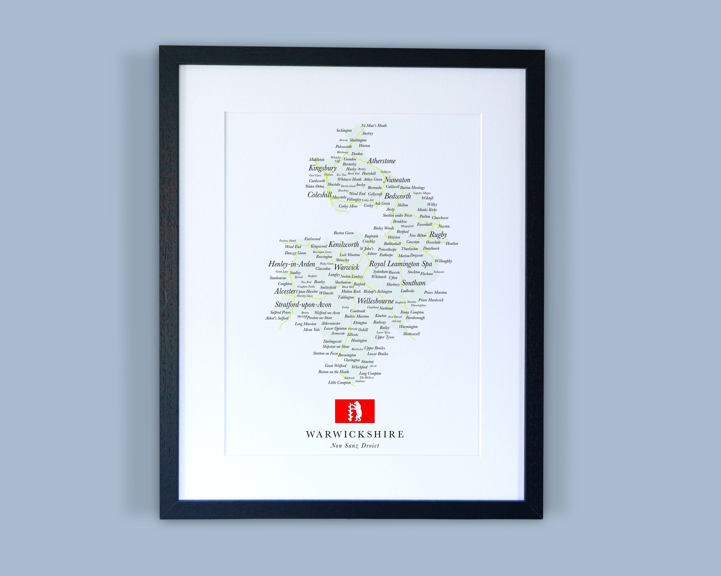 Warwickshire County Map // Framed Map of Warwickshire // Minimal Typographic County Map Print // England Maps