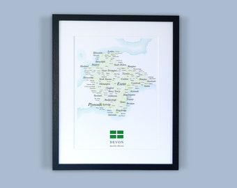 Devon County Map // Framed Map of Devon // Minimal Typographic County Map Print // England Maps