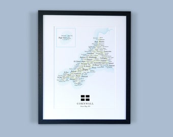 Cornwall County Map // Framed Map of Cornwall // Minimal Typographic County Map Print // England Maps
