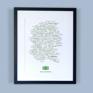Wiltshire County Map // Gerahmte Karte von Wiltshire // Minimal Typographic County Map Print // England Maps