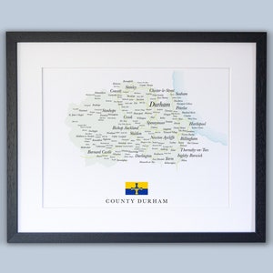 Durham County Karte // gerahmte Karte von County Durham // Minimaler typografischer Print // Landkarte England