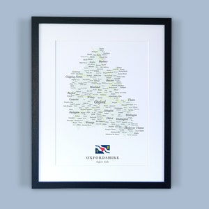 Carte du comté d’Oxfordshire // Carte encadrée de l’Oxfordshire // Impression de carte typographique minimale du comté // Cartes d’Angleterre
