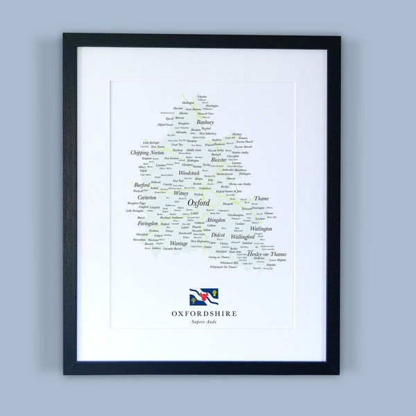 Oxfordshire County Map // Framed Map of Oxfordshire // Minimal Typographic County Map Print // England Maps