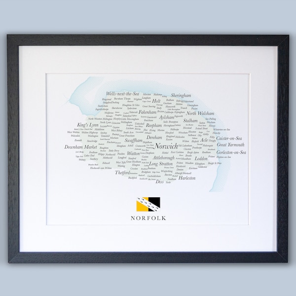 Norfolk County Map // Framed Map of Norfolk // Minimal Typographic County Map Print // England Maps