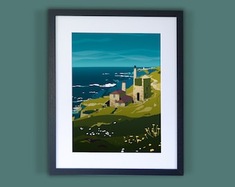 Cornwall Levant Mine and Beam Engine Art print // Framed print of Cornish coastline tin mine // Cornwall Travel Poster