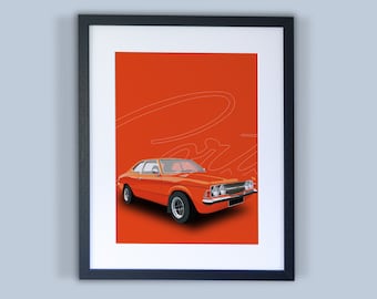 Ford Cortina GT MK3 1970s Classic Car Print in orange, blue or yellow // Framed Classic Ford Art Print