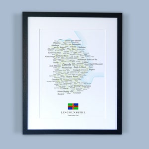 Lincolnshire County kaart//ingelijste kaart van Lincolnshire//minimale typografische County kaart afdrukken//Engeland kaarten
