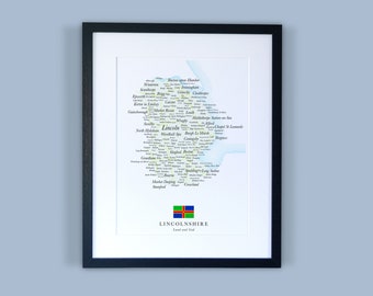Lincolnshire County Map // Framed Map of Lincolnshire // Minimal Typographic County Map Print // England Maps