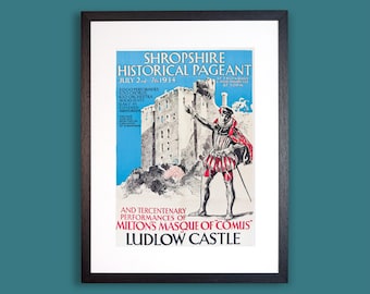 Könnte beinhalten: Ein gerahmtes Vintage-Plakat für das Shropshire Historical Pageant von 1934 im Ludlow Castle. Der Druck zeigt eine Steinburg, eine Figur in historischer Kleidung und Text mit Details zur Veranstaltung und Miltons Masque of Comus.
