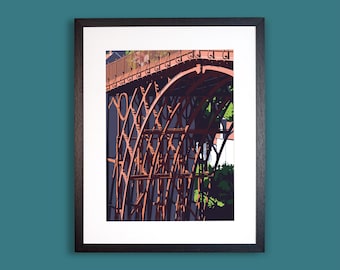 Könnte beinhalten: Ein gerahmter Kunstdruck mit einer detaillierten Illustration einer rotbraunen Eisenbrücke mit komplexen, bogenförmigen Stützstrukturen. Die Szene zeigt dunkelblaue Schatten, grünes Blattwerk und einen weißen Hintergrund, eingefasst in einen schwarzen Rahmen.