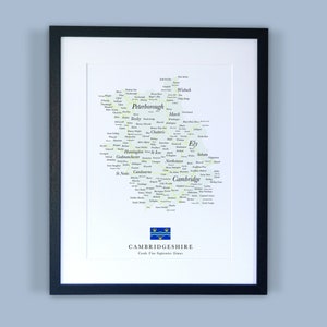 Cambridgeshire County kaart//ingelijste kaart van Cambridgeshire//minimale typografische County kaart afdrukken//Engeland kaarten