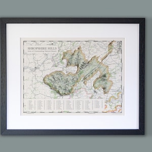 Mapa de Shropshire Hills // Impresión de mapa enmarcado de estilo vintage del área de excepcional belleza natural de Shropshire Hills