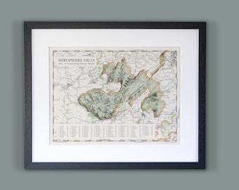Shropshire Hills Map // Vintage Style Framed Map Print of Shropshire Hills Area of Outstanding Natural Beauty