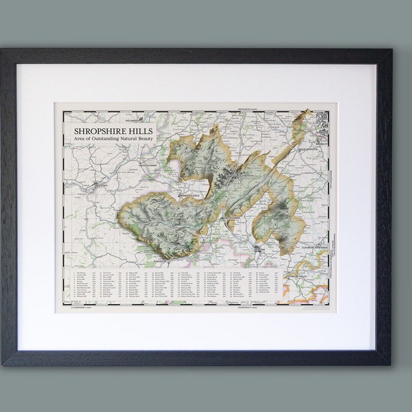 Shropshire Hills Karte // im Vintage-Stil gerahmter Karten-Print der Shropshire Hills, Gebiet von außergewöhnlicher natürlicher Schönheit
