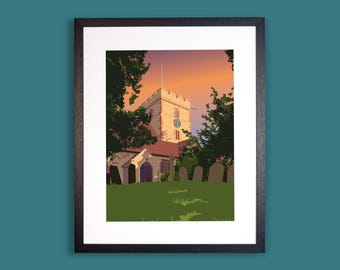 May include: A framed art print featuring a digital illustration of a stone church tower with a clock face, surrounded by dark green trees and a graveyard with headstones, set against a vibrant orange and purple sunset sky at dusk.