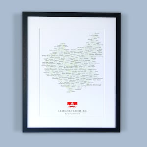 Leicestershire County kaart//ingelijste kaart van Leicestershire//minimale typografische County kaart afdrukken//Engeland kaarten