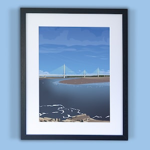 Può includere: Una stampa incorniciata di un'illustrazione stilizzata di un ponte su un corpo d'acqua. Il ponte è bianco e ha un cielo blu sullo sfondo. L'acqua è blu e ci sono uccelli bianchi nell'acqua.