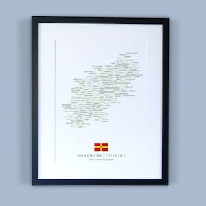 Northamptonshire County kaart//ingelijste kaart van Northamptonshire//minimale typografische County kaart afdrukken//Engeland kaarten