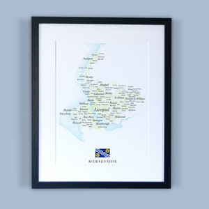 Carte du comté de Merseyside // Carte encadrée du Merseyside // Impression typographique minimale de carte du comté // Cartes de l'Angleterre