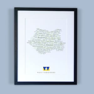 West Yorkshire County Map // Gerahmte Karte von West Yorkshire // Minimal Typographic County Map Print // England Maps