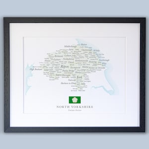 Carte du comté du North Yorkshire // Carte encadrée du North Yorkshire // Impression typographique minimale de carte du comté // Cartes de l'Angleterre