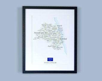 Tyne and Wear Map Print: Typographic Minimal County Art (Framed options)