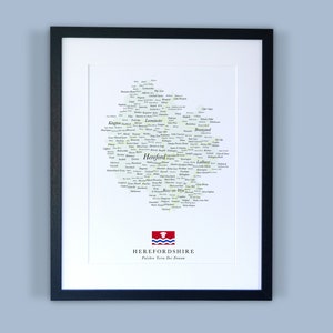 Herefordshire County kaart//ingelijste kaart van Herefordshire//minimale typografische County kaart afdrukken//Engeland kaarten