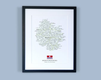Wydruk mapy Herefordshire: typograficzna minimalistyczna sztuka hrabstwa (opcje oprawy)