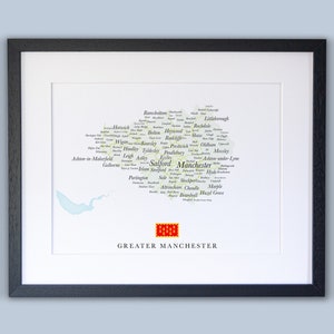 Greater Manchester Map // gerahmte Karte von Manchester // Minimalistische typografische Karte // England Maps