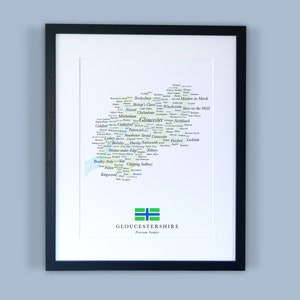 Gloucestershire County Karte // Gerahmte Karte von Gloucestershire // Minimal Typographic County Map Print // England Maps