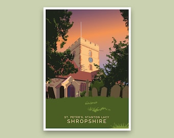 Może przedstawiać: Ilustracja w stylu vintage kościoła z wysoką wieżą i zegarem, otoczonego drzewami i trawiastym terenem. Tekst "ST. PETER'S. STANTON LACY SHROPSHIRE" znajduje się na dole obrazu.