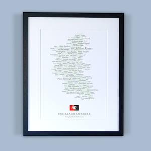 Buckinghamshire County kaart//ingelijste kaart van Buckinghamshire//minimale typografische County kaart afdrukken//Engeland kaarten