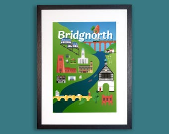 Könnte beinhalten: Ein gerahmter Kunstdruck mit einer stilisierten Illustration von Bridgnorth und dem Schriftzug "Bridgnorth" am oberen Rand. Das Design zeigt eine grüne Landschaft, einen blauen Fluss, eine rote Backsteinbrücke, eine Standseilbahn und Gebäude.