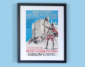 1934 Ludlow Festival Poster // Framed Print of Shropshire Historical Pageant at Ludlow Castle featuring Milton&#39;s Masque of Comus