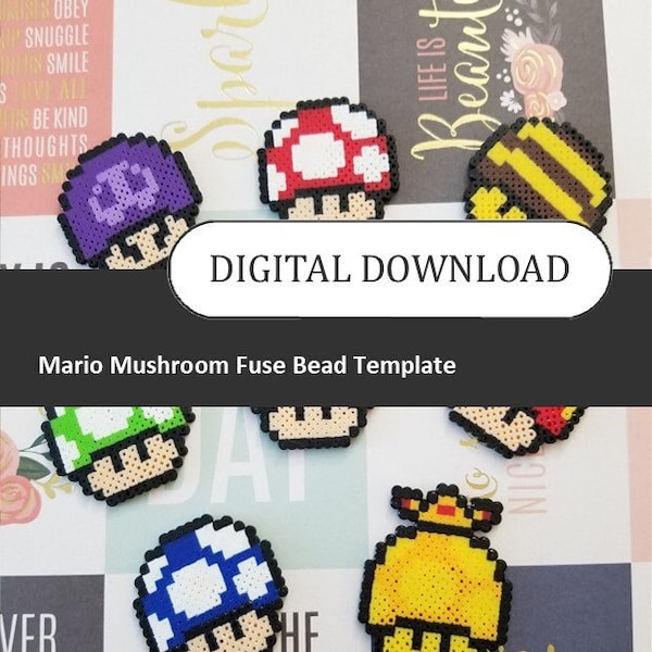 Mario Mushroom Fuse Bead Template ~ Digital Download ~ Template for Perler Beads or Cross Stitch ~ 26 Different Designs