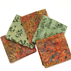 Batik Fat Quarter Bundle , Pack of 5 FQs,100% Cotton, Green & Brown