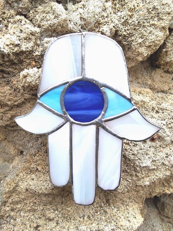 Blue Hand of Fatima Khamsa Stained Glass Hamsa Suncatcher with Evil Eye Jewel