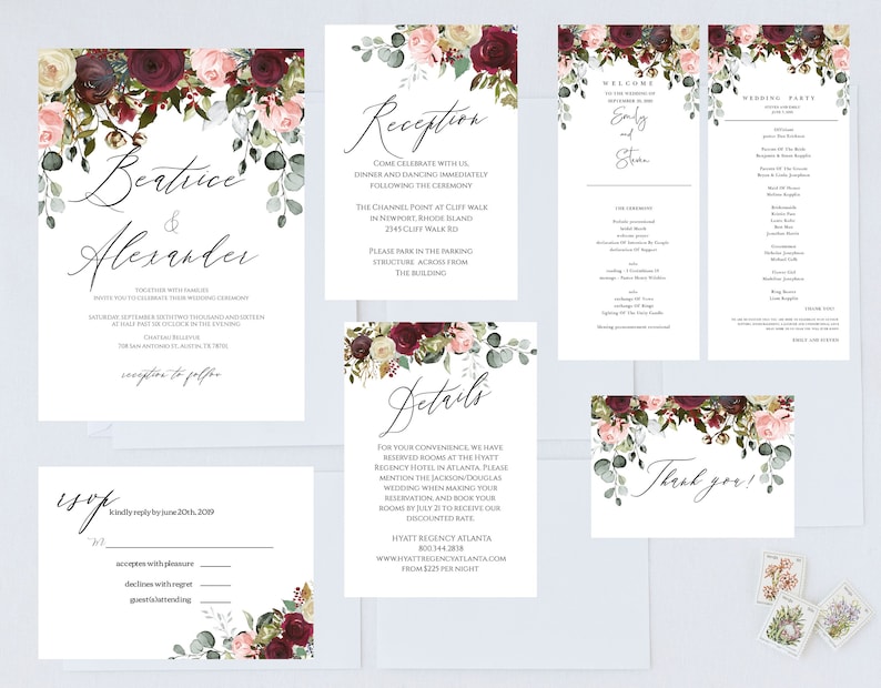 Printable Wedding Invite Suite Wedding Suite Wedding Package ETHEL-Burgundy Wedding Template Bundle Wedding Sign Bundle Eucalyptus,