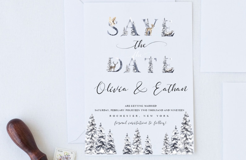 Editable template Forest animals Nathalie-Winter Save the Date Template Forest Wedding Save the Date Silver Pine tree Save the date