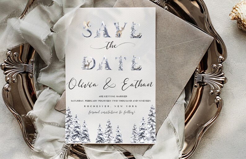 Editable template Forest animals Nathalie-Winter Save the Date Template Forest Wedding Save the Date Silver Pine tree Save the date