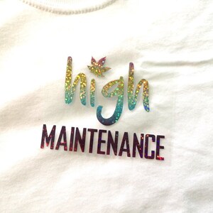 high maintenance iron on decal, cannabis heat transfer patch, marijuana leaf shirt iron on appliques, hologram appliques, glitter dope patch
