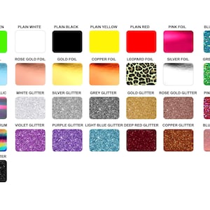 Pode incluir: Um gráfico de cores com várias amostras de materiais. O gráfico inclui cores sólidas como verde, branco, preto e amarelo, juntamente com opções metálicas, glitter e folha. As amostras são rotuladas com seus respectivos nomes, como "Rose Gold Foil" e "Silver Glitter."