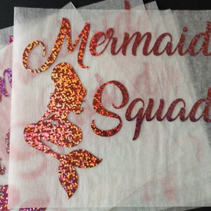 mermaid squad iron on decal, mermaid wedding heat transfer patch, cmermaid bachelorette appliques, glitter mermaid, mermaid theme birthday